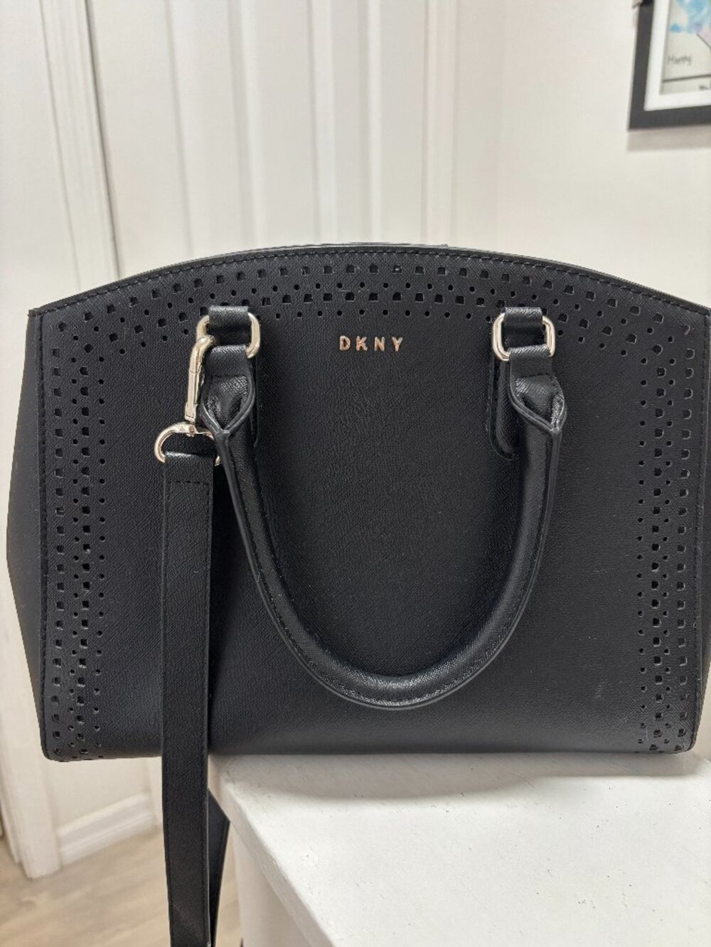 DKNY Black Perforated Saffiano Leather Dome Satchel Crossbody Bag